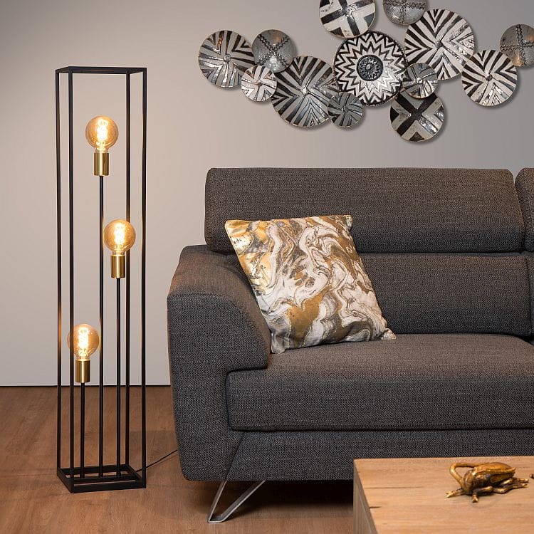 lampa stojąca podłogowa czarny mat prostokątny stelaż miedziane oprawki na trzy żarówki E27 Ruben 00724/03/30 Lucide