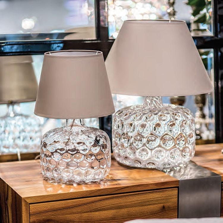 4concepts Paris i Andora lampy stołowe szklane z szaro beżowym abażurem