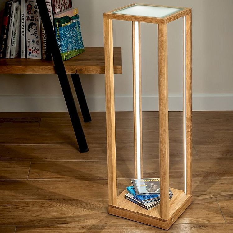 Drewniana dębowa lampa stojąca stojąca stolik ze szklanym blatem wysokość 81,5cm podświetlany Led 45W Tavoli Glass 8883974 SPOT Light