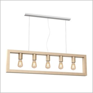 Mack lampa wisząca drewniany prostokąt 100x40cm z elemantami w kolorze mosiądzu 5xE27 Milagro