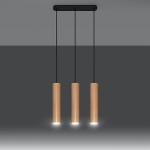 Lino III lampa wisząca 3 tuby z naturalnego drewna na czarnej listwie Sollux Lighting