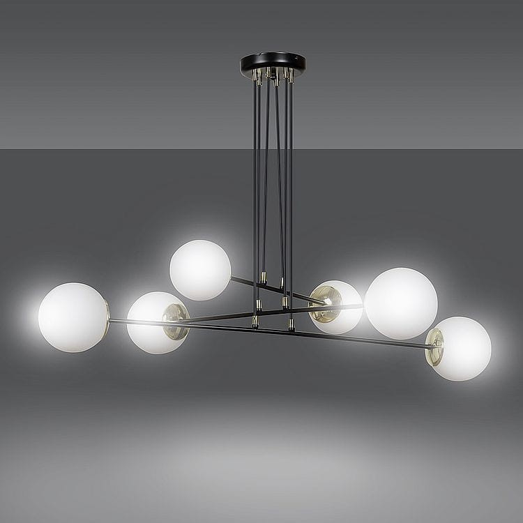 Emibig OGNIS 6 BLACK 966/6 czarna lampa wisząca z elementami złota i białymi kloszami